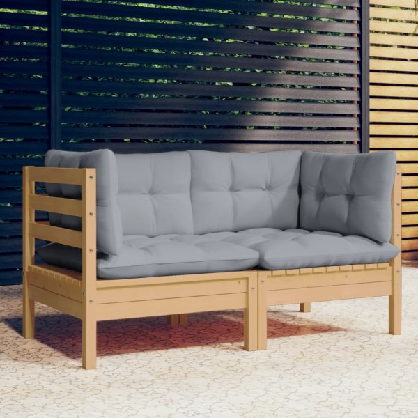 Double garden sofa with gray cushions, solid pine