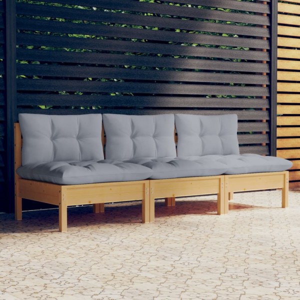 Three-seater garden sofa with gray cushions, solid pine