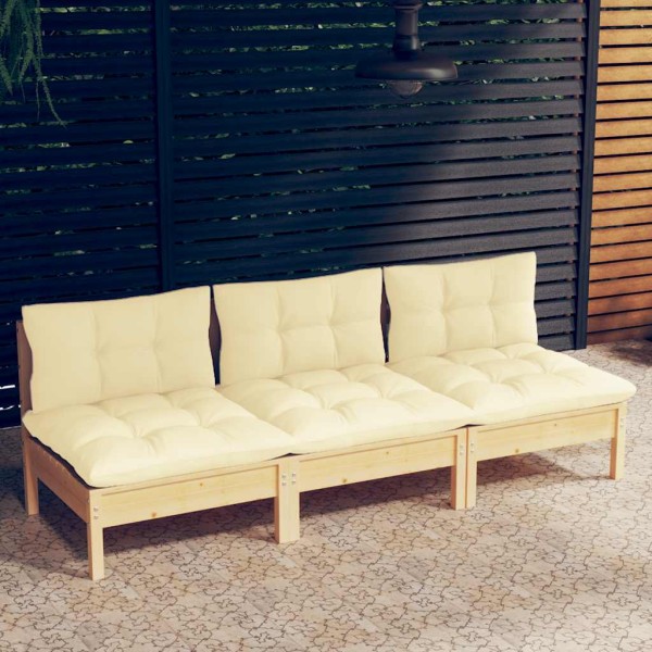 Three-seater garden sofa with cream cushions, solid pine