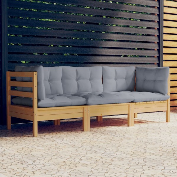 Three-seater garden sofa with gray cushions, solid pine