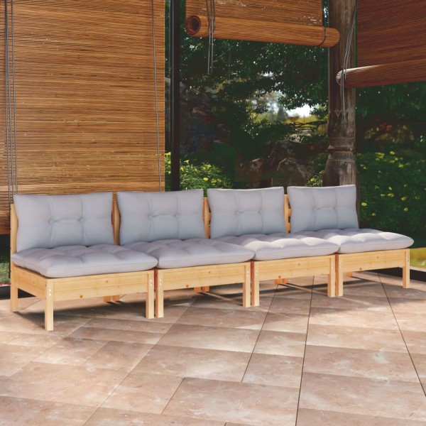 Four-seater garden sofa with gray cushions, solid pine