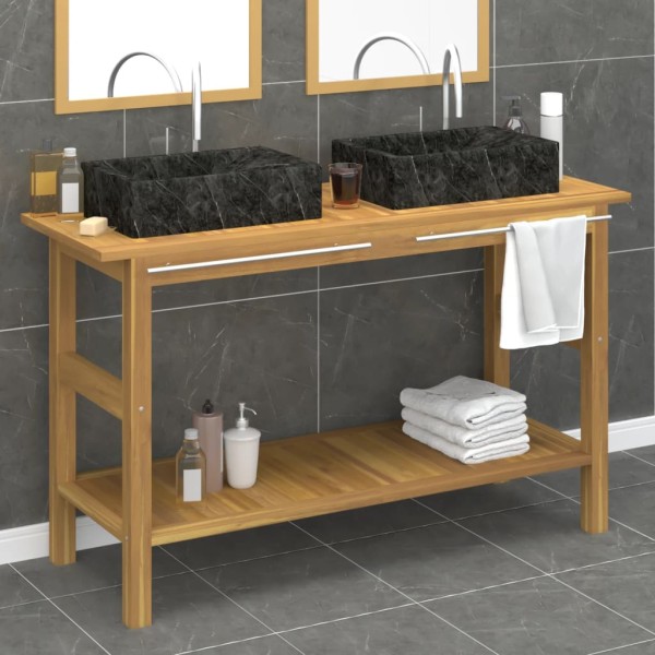 Bathroom cabinet with black marble sinks, teak wood