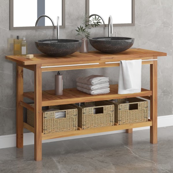 Bathroom cabinet with black sinks, teak and marble