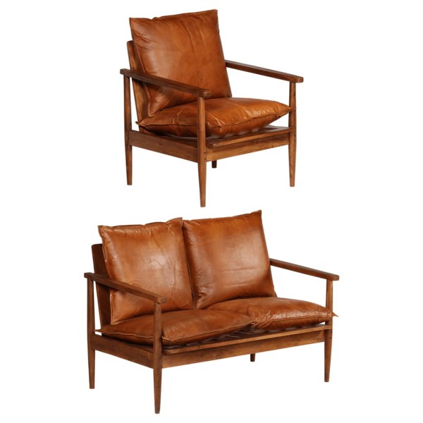 Sofa set, 2 pieces, brown, genuine leather and solid acacia