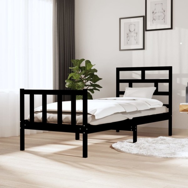 Bed frame, black, 75x190cm, solid pine, single