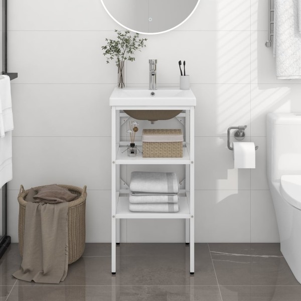 Bathroom vanity frame with built-in basin, white, iron
