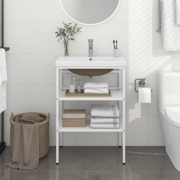 Bathroom vanity frame with built-in basin, white, iron