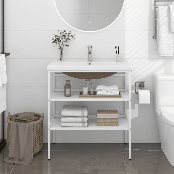 Bathroom vanity frame with built-in basin, white, iron