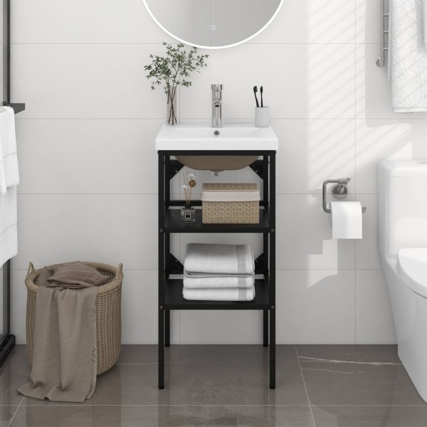 Bathroom vanity frame with built-in basin, black, iron