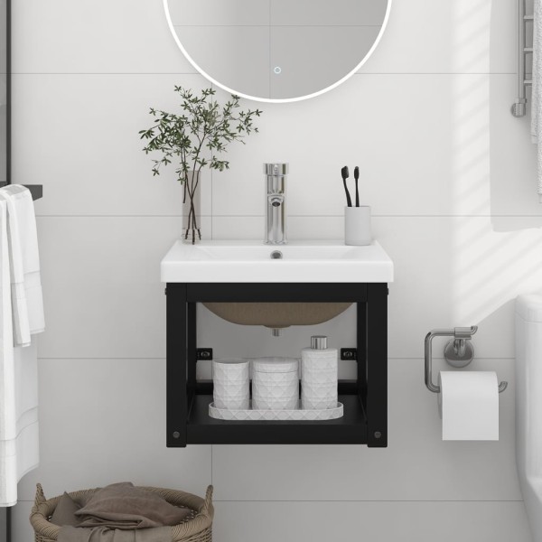 Bathroom vanity frame with built-in basin, black, iron