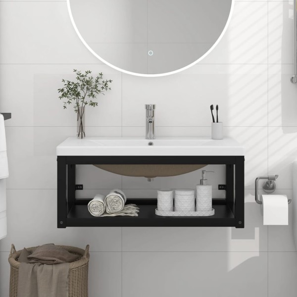 Bathroom vanity frame with built-in basin, black, iron