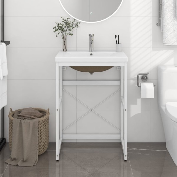 Bathroom vanity frame with built-in basin, white, iron
