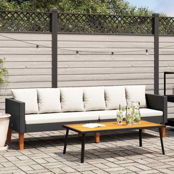 Three-seater garden sofa with cushions, black, polyrattan