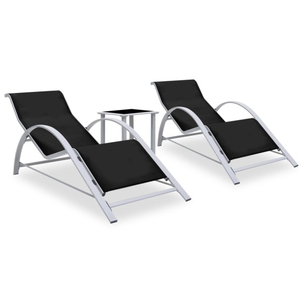 Sunbeds with table, 2 pcs., black, aluminum