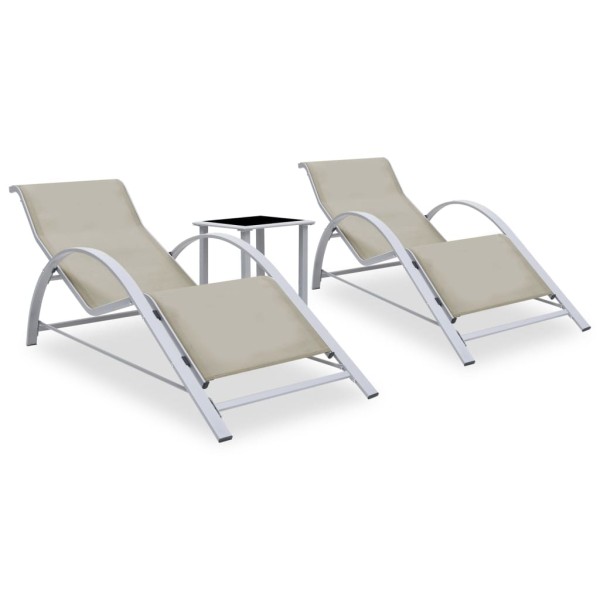 Sunbeds with table, 2 pcs., cream color, aluminum