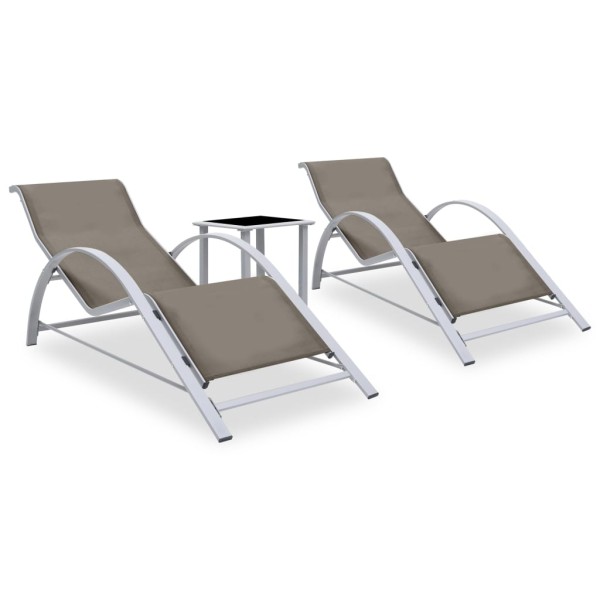Sunbeds with table, 2 pcs., taupe color, aluminum