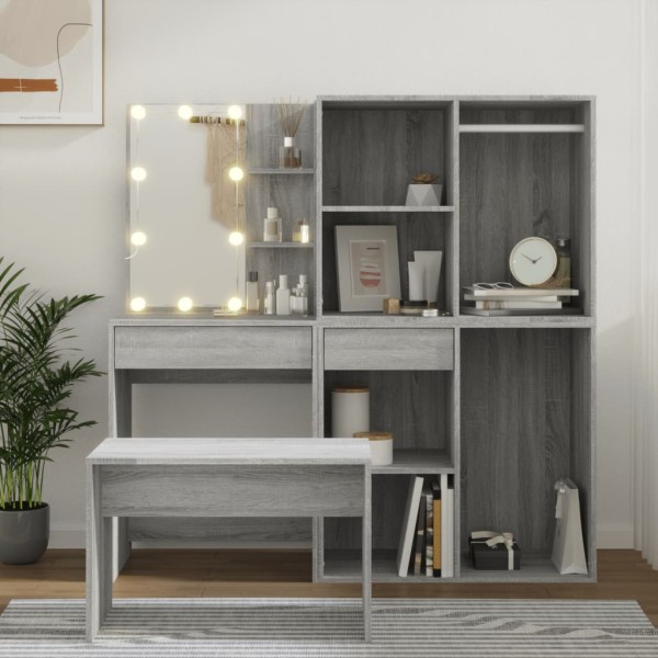 Dressing table set with LED, gray oak, wood