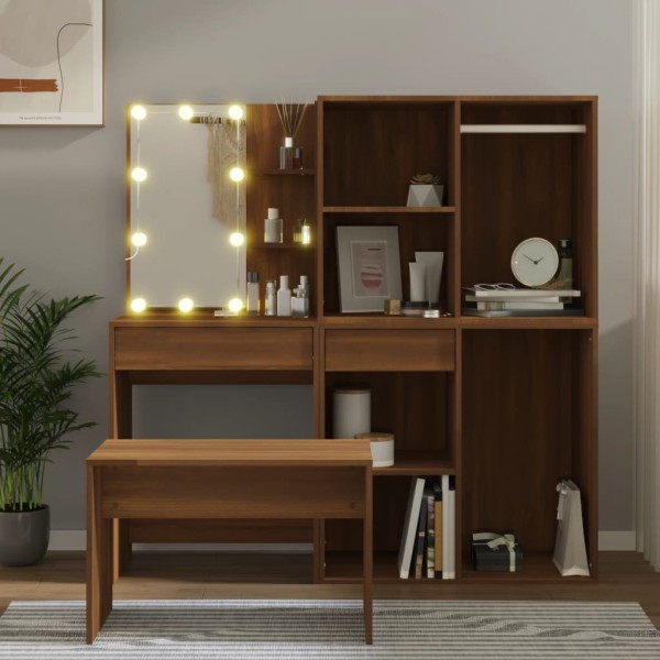 Dressing table set with LED, brown oak, wood