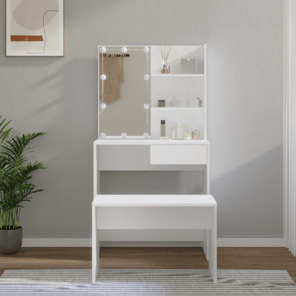 Dressing table set with LED, white, treated wood