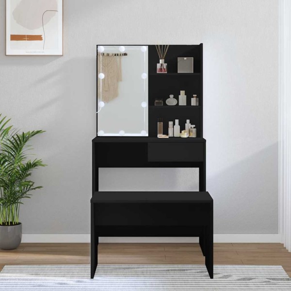 Dressing table set with LED, black, treated wood