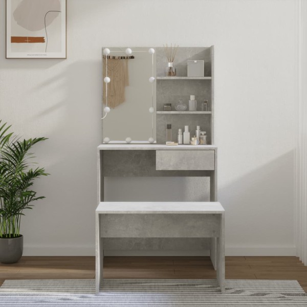 Dressing table set with LED, white, wood, glossy