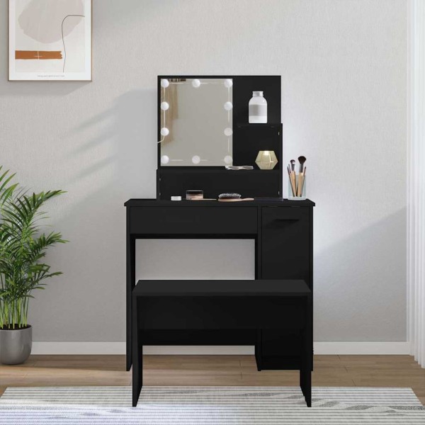 Dressing table set with LED, black, treated wood