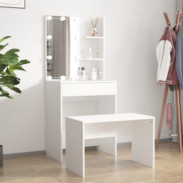 Dressing table set with LED, white, treated wood