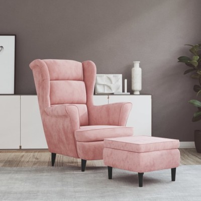 Chair with stool, pink, velvet