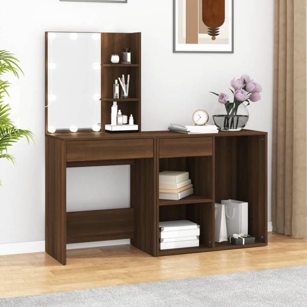 Dressing table with LED and cabinet, brown oak, wood