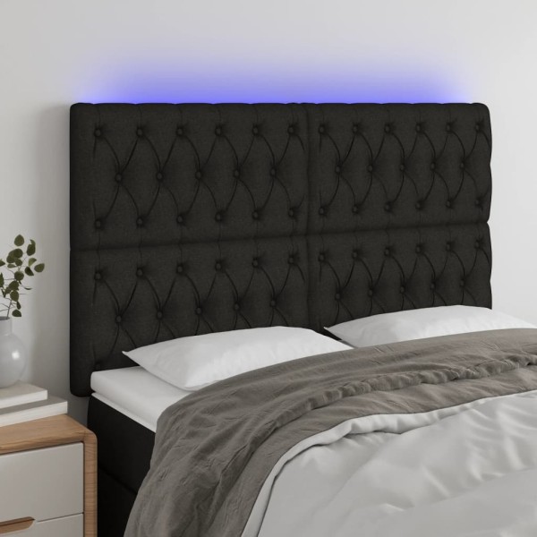 Headboard with LED, black, 144x7x118/128cm, fabric