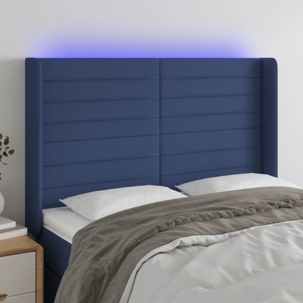 Headboard with LED, blue, 147x16x118/128cm, fabric