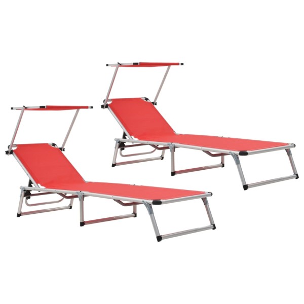 Sun loungers, 2 pcs., red, aluminum and textile