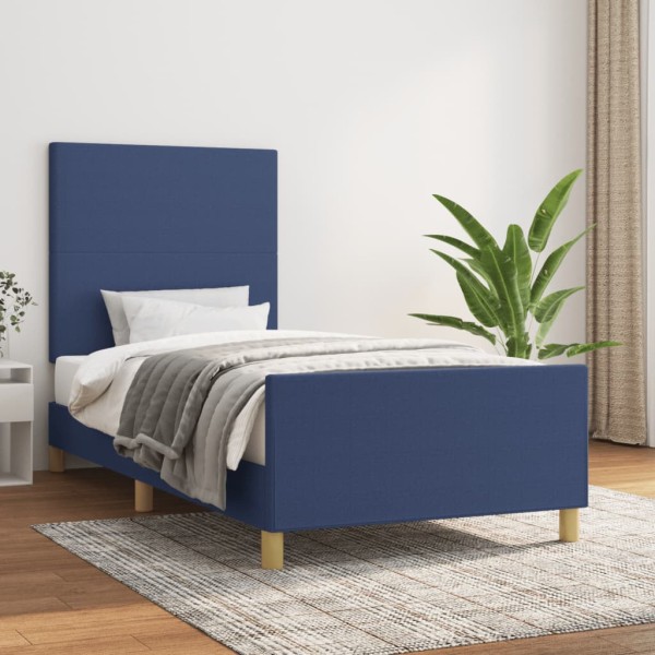 Bed frame without mattress, blue, 90x190 cm, fabric