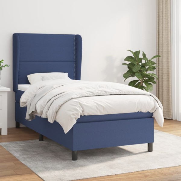 Bed with springs and mattress, blue, 100x200cm, fabric