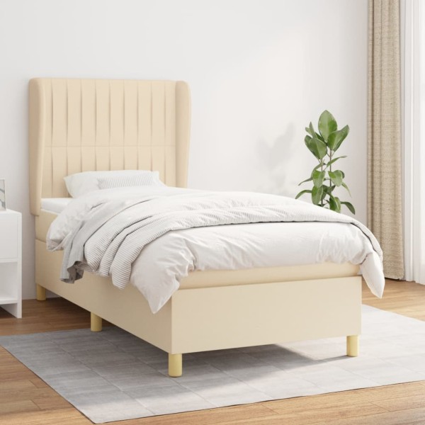 Bed with springs and mattress, cream, 90x190 cm, fabric