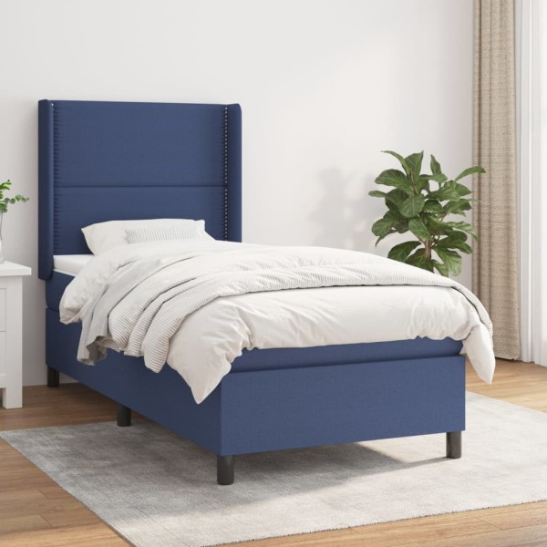 Bed with springs and mattress, blue, 90x190 cm, fabric