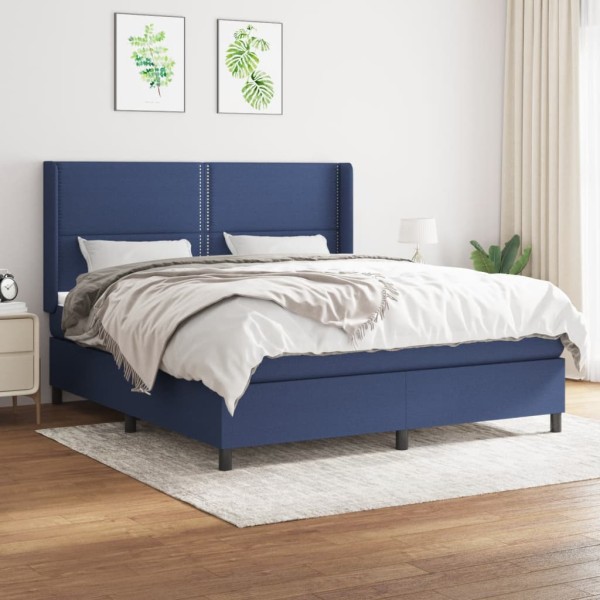 Bed with springs and mattress, blue, 180x200 cm, fabric