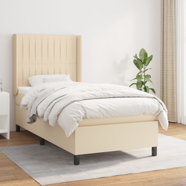 Bed with springs and mattress, cream, 90x200 cm, fabric