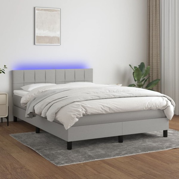 Bed with springs/mattress/LED, gray, 140x190 cm, fabric