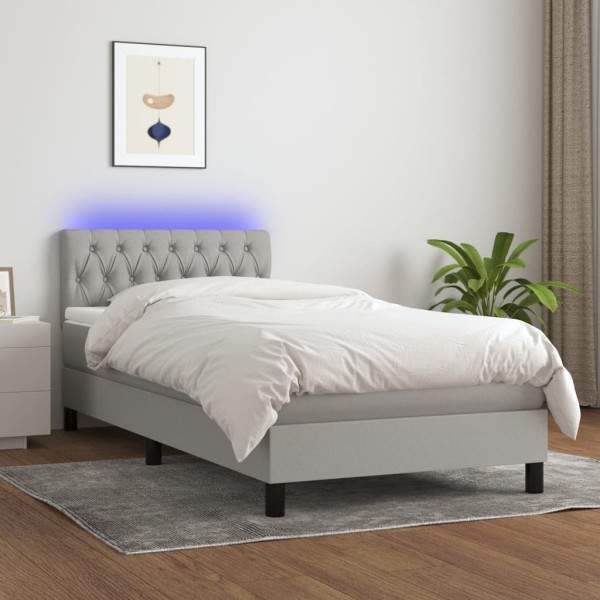 Bed with springs/mattress/LED, gray, 90x200 cm, fabric