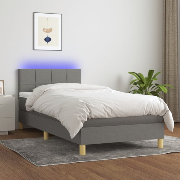 Bed with springs/mattress/LED, gray, 100x200 cm, fabric