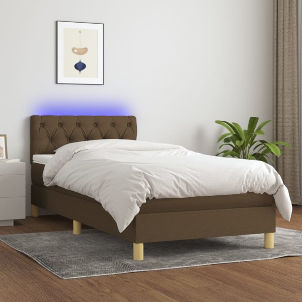 Bed with springs/mattress/LED, brown, 80x200cm, fabric