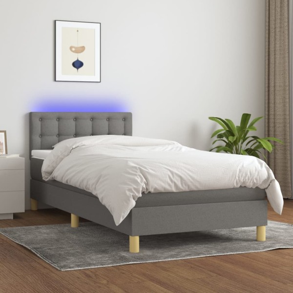 Bed with springs/mattress/LED, gray, 90x190 cm, fabric