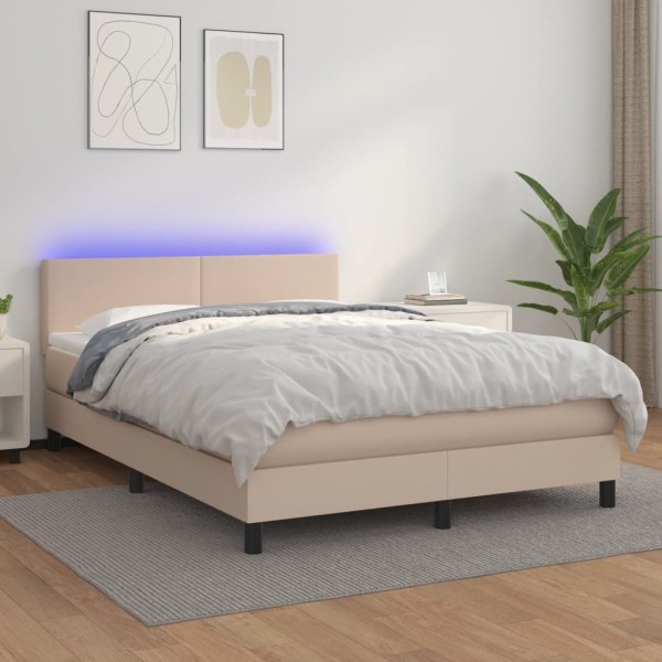 Bed with springs/mattress/LED, cappuccino, 140x200cm artificial