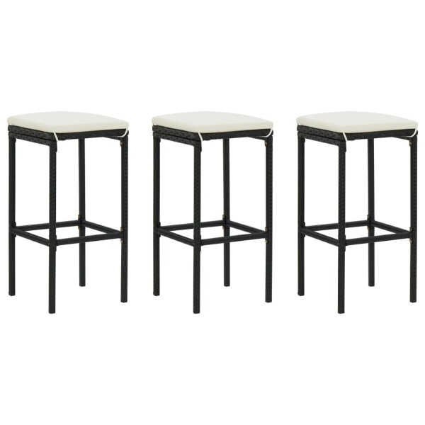 Bar stools with cushions, 3 pcs., black, polyrattan