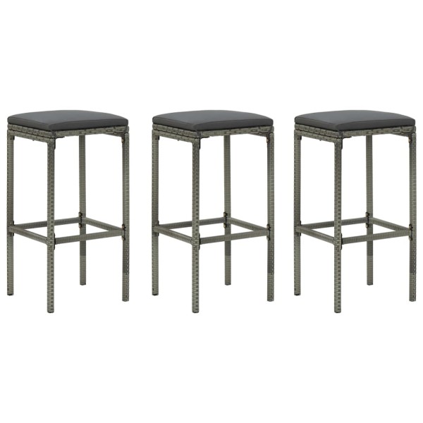 Bar stools with cushions, 3 pcs., gray, polyrattan