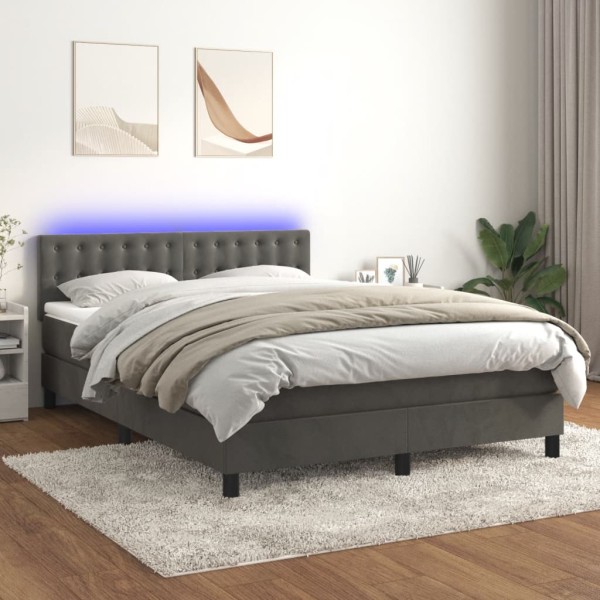 Bed with spring/mattress/LED, dark gray, 140x200cm, velvet
