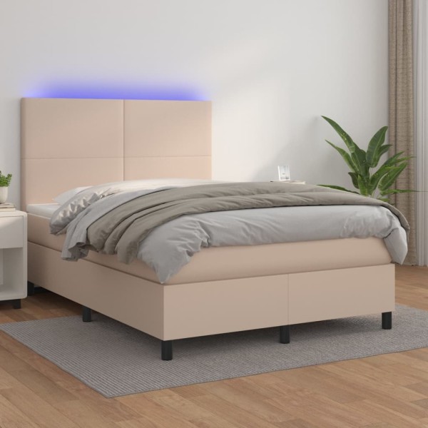 Bed with springs/mattress/LED, cappuccino, 140x200cm artificial