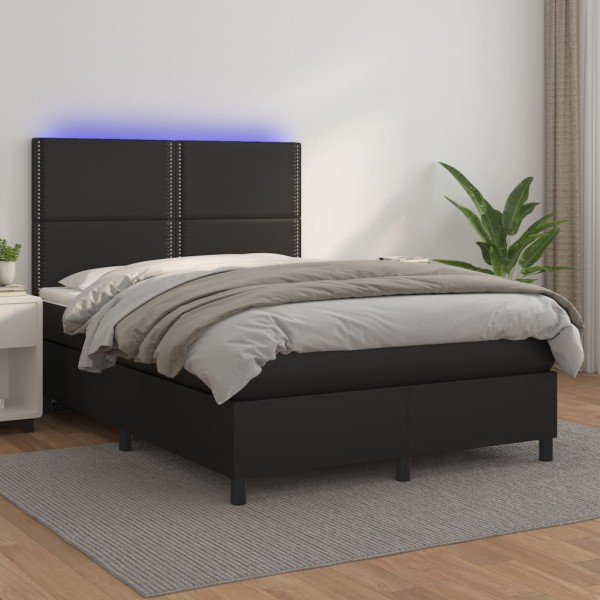 Bed with springs/mattress, black, 140x190cm, artificial leather
