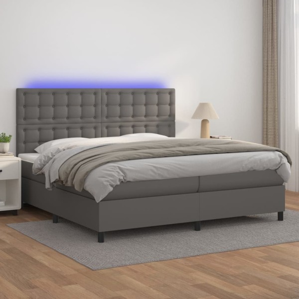 Bed with springs/mattress/LED, gray 200x200cm artificial leather